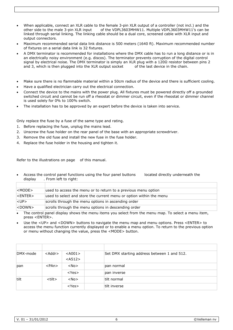 Operation | Velleman VDPL3603MHW11 User Manual | Page 6 / 29