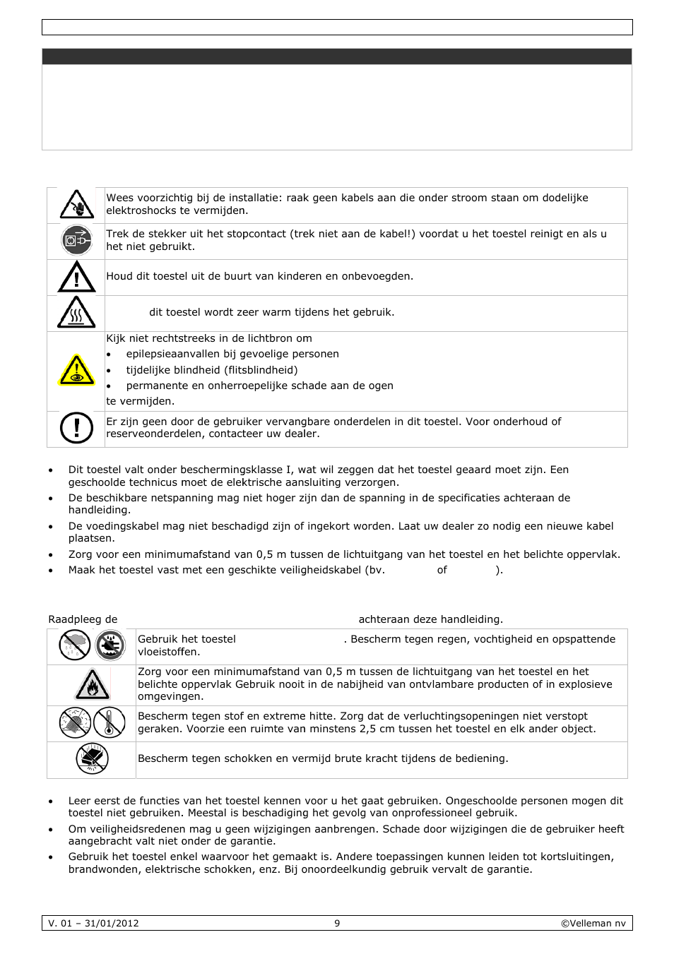 Veilighe, Algeme, Eidsinstr | Ene richt, Ructies, Tlijnen | Velleman VDPL3603MHW11 User Manual | Page 9 / 29