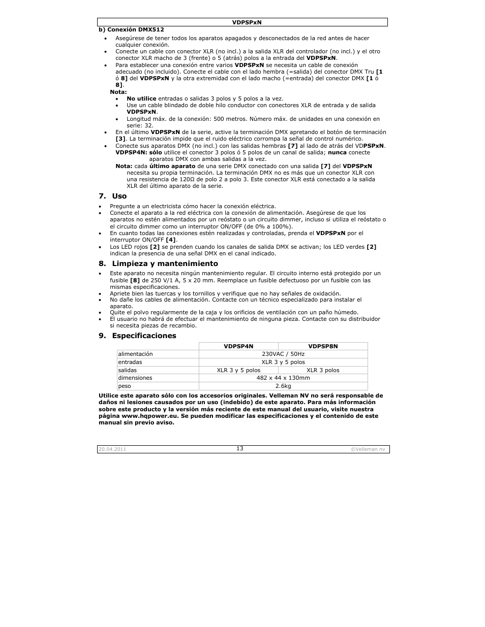 Limpieza y mantenimiento, Especificaciones | Velleman VDPSPxN User Manual | Page 13 / 18