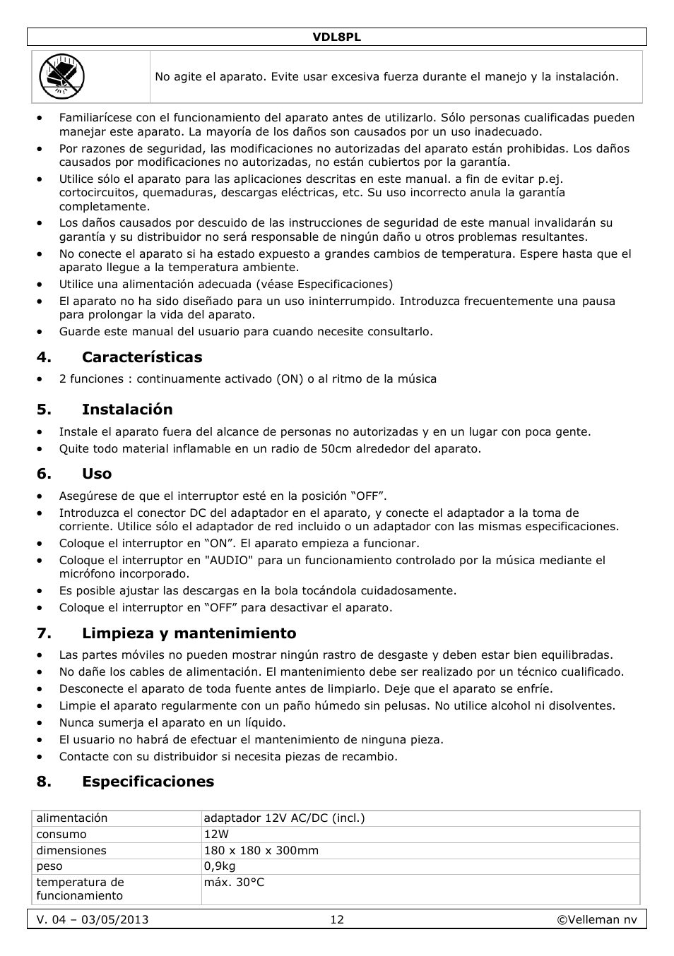 Características, Instalación, Limpieza y mantenimiento | Especificaciones | Velleman VDL8PL User Manual | Page 12 / 18