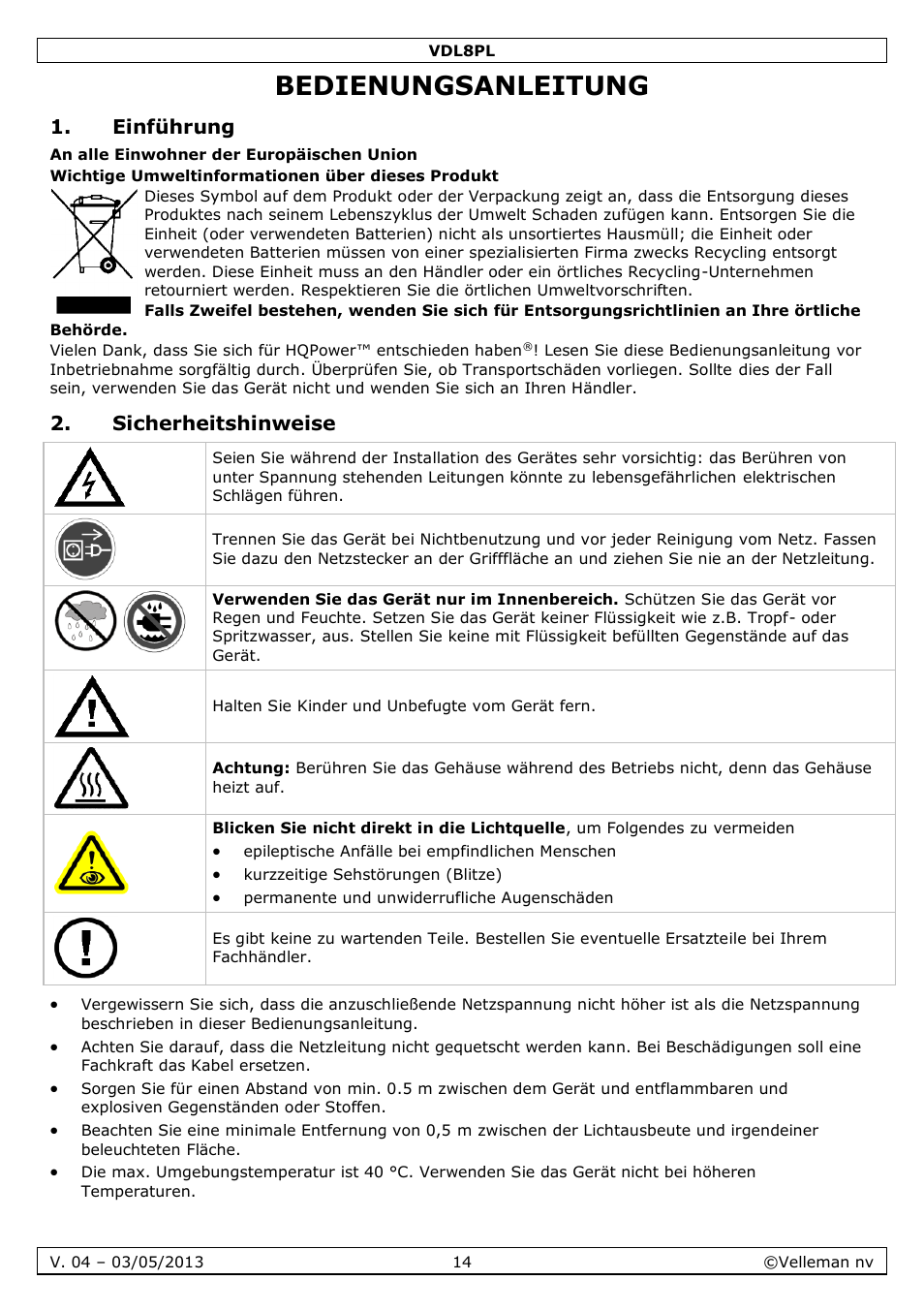 Bedienungsanleitung, Einführung, Sicherheitshinweise | Velleman VDL8PL User Manual | Page 14 / 18