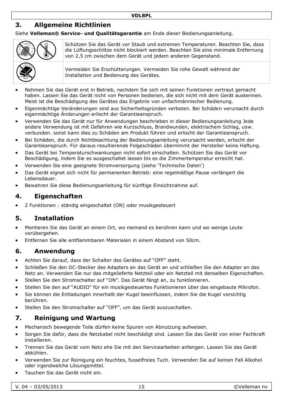 Allgemeine richtlinien, Eigenschaften, Installation | Anwendung, Reinigung und wartung | Velleman VDL8PL User Manual | Page 15 / 18