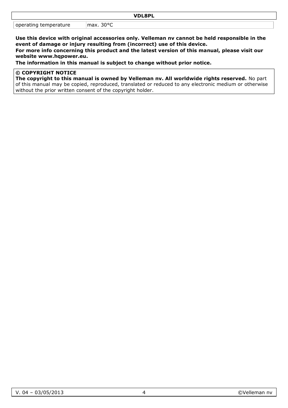 Velleman VDL8PL User Manual | Page 4 / 18
