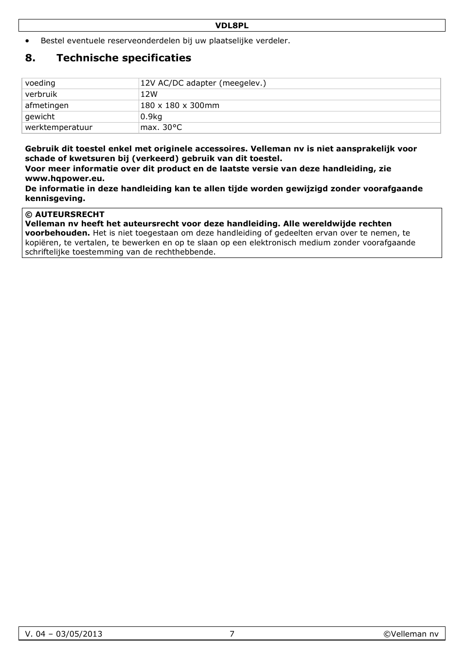 Technische specificaties | Velleman VDL8PL User Manual | Page 7 / 18