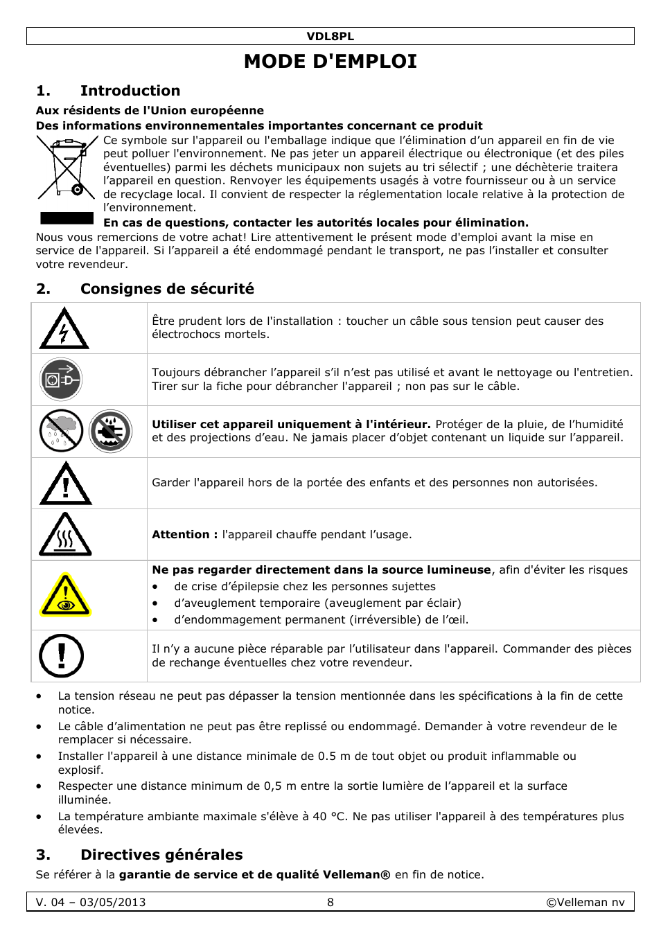 Mode d'emploi, Introduction, Consignes de sécurité | Directives générales | Velleman VDL8PL User Manual | Page 8 / 18