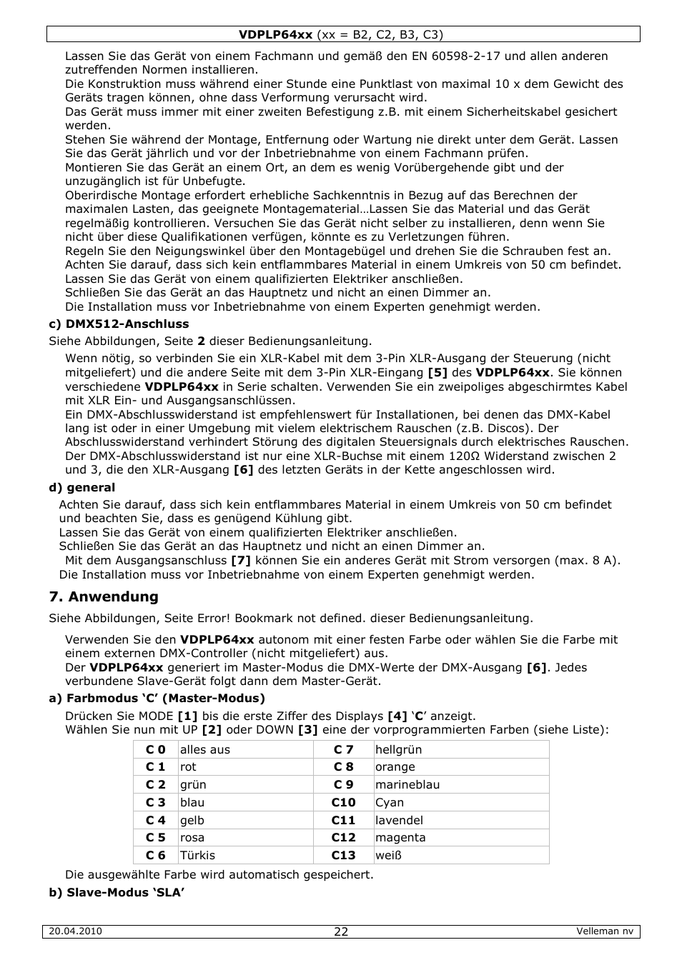 Anwendung | Velleman VDPLP64B2 User Manual | Page 22 / 26