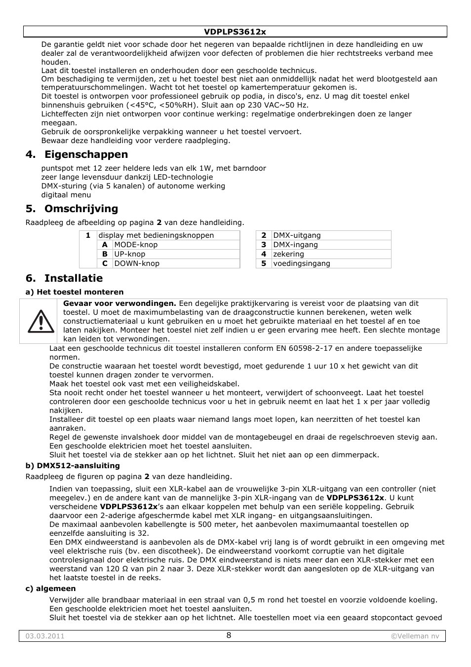 Eigenschappen, Omschrijving, Installatie | Velleman VDPLPS3612B User Manual | Page 8 / 24