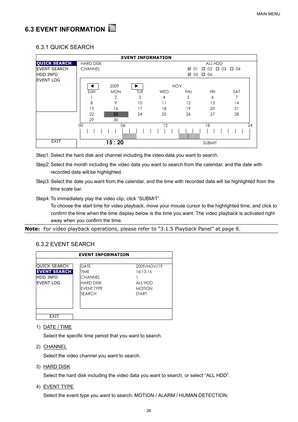 3 event information, 1 quick search, 2 event search | Velleman NVR2 User Manual | Page 32 / 314