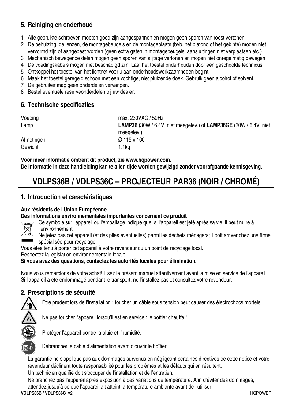 Reiniging en onderhoud, Technische specificaties, Introduction et caractéristiques | Prescriptions de sécurité | Velleman VDLPS36C User Manual | Page 7 / 14
