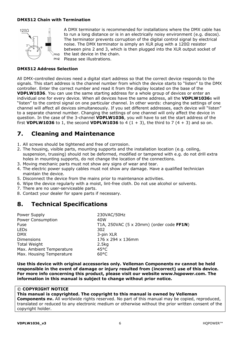 Cleaning and maintenance, Technical specifications | Velleman VDPLW1036 User Manual | Page 6 / 28
