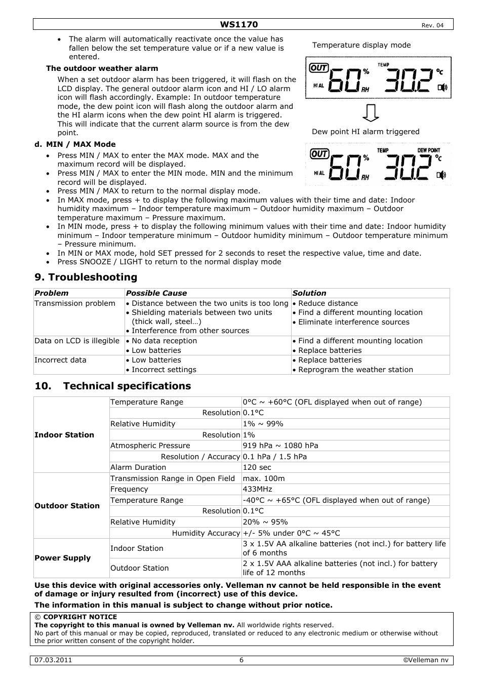 Troubleshooting, Technical specifications | Velleman WS1170 User Manual | Page 6 / 26