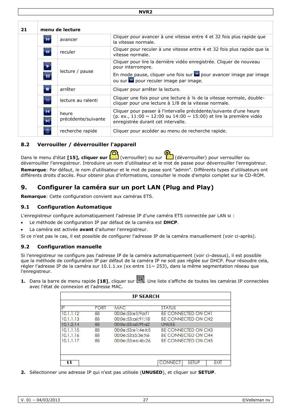2 verrouiller / déverrouiller l'appareil, 1 configuration automatique, 2 configuration manuelle | Velleman NVR2 User Manual | Page 27 / 55
