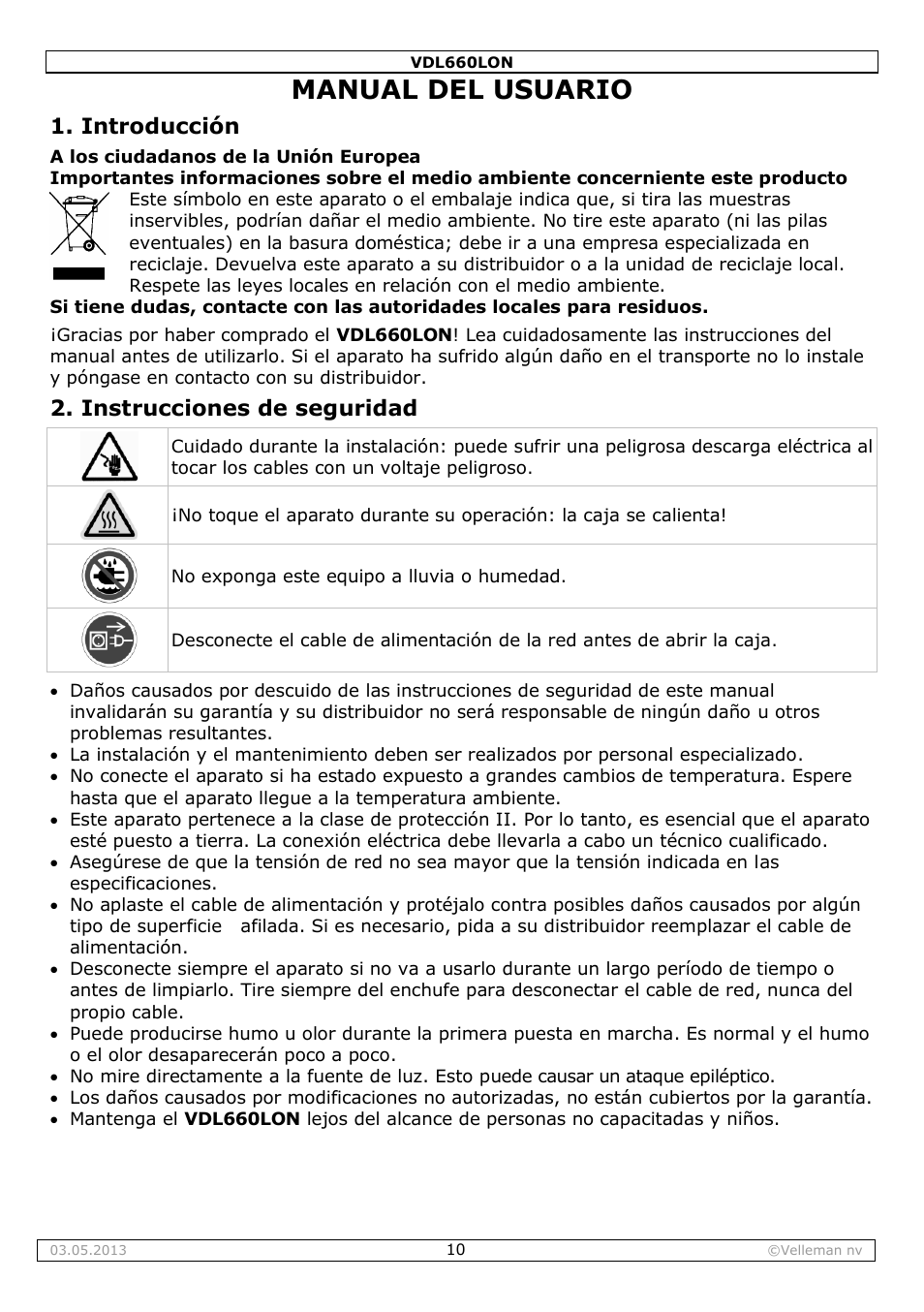 Manual del usuario, Introducción, Instrucciones de seguridad | Velleman VDL660LON User Manual | Page 10 / 20