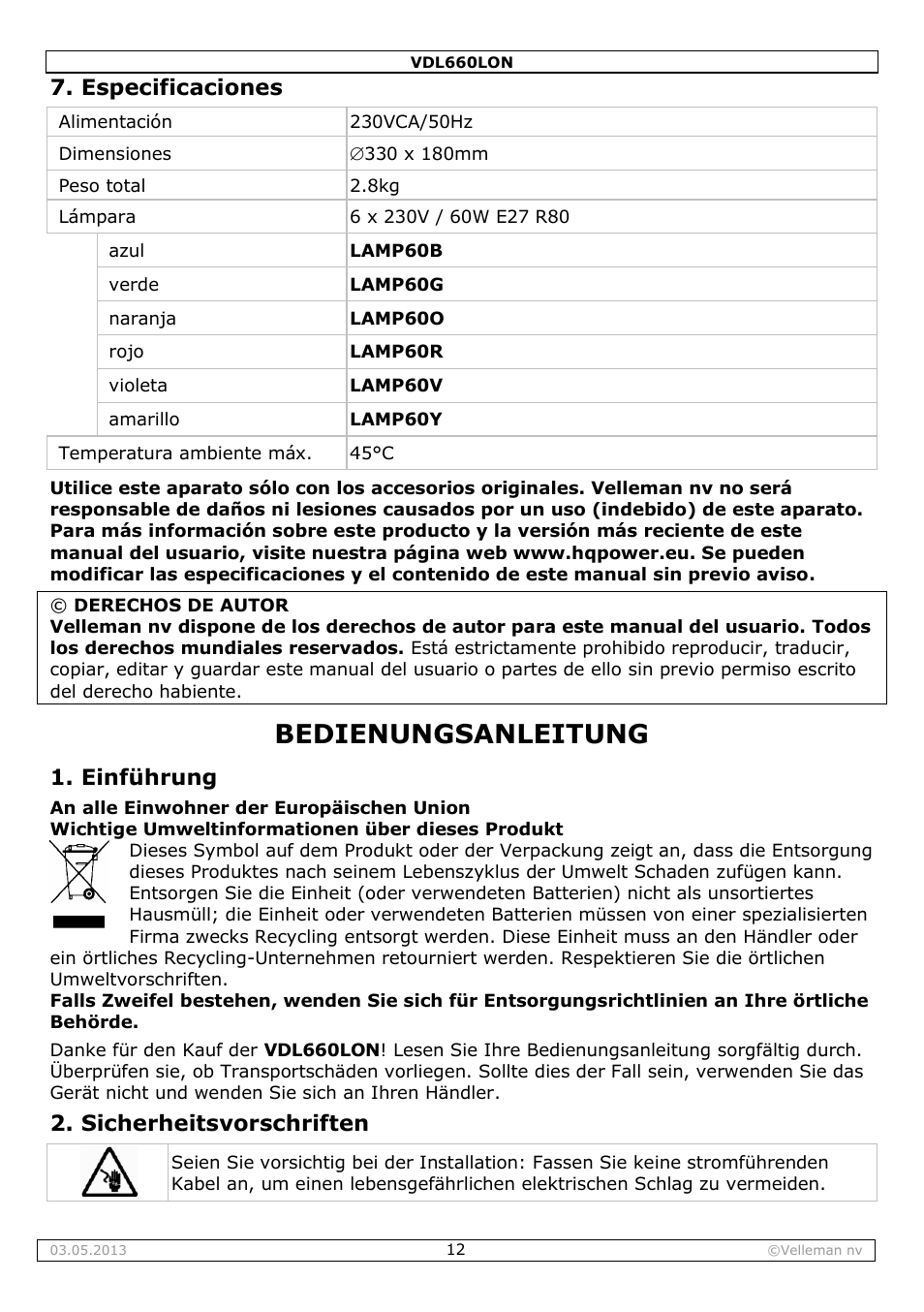 Bedienungsanleitung, Especificaciones, Einführung | Sicherheitsvorschriften | Velleman VDL660LON User Manual | Page 12 / 20