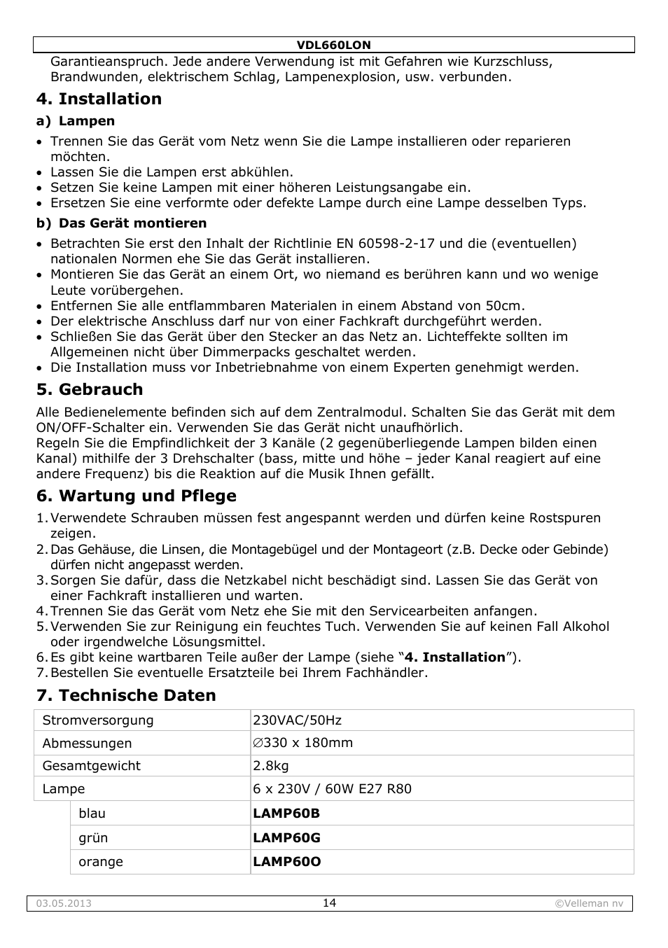 Installation, Gebrauch, Wartung und pflege | Technische daten | Velleman VDL660LON User Manual | Page 14 / 20
