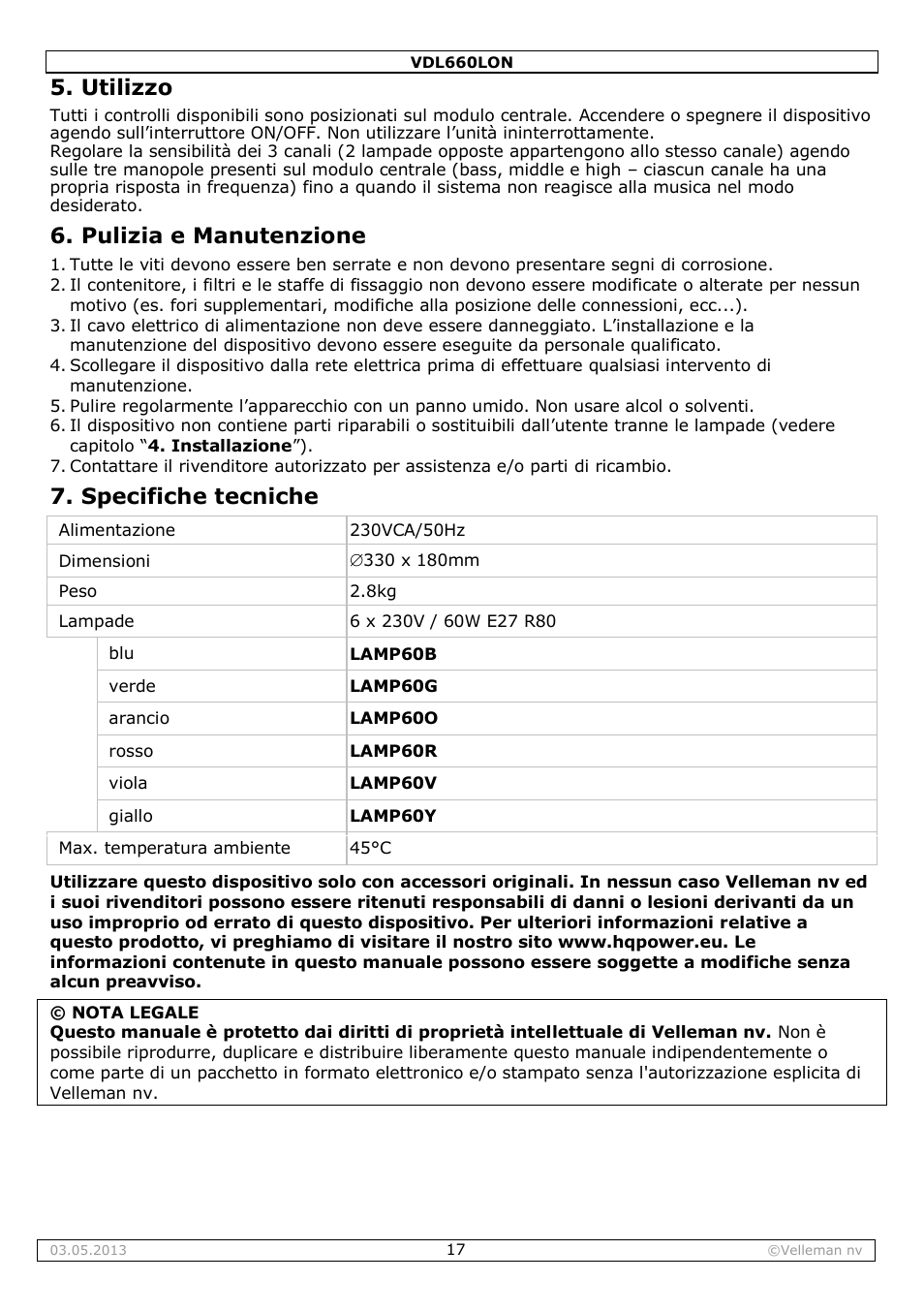 Warranty - garantie - garantia, Utilizzo, Pulizia e manutenzione | Specifiche tecniche | Velleman VDL660LON User Manual | Page 17 / 20