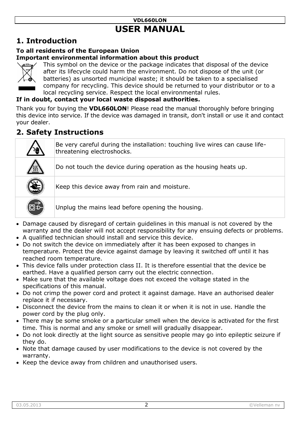 User manual, Introduction, Safety instructions | Velleman VDL660LON User Manual | Page 2 / 20