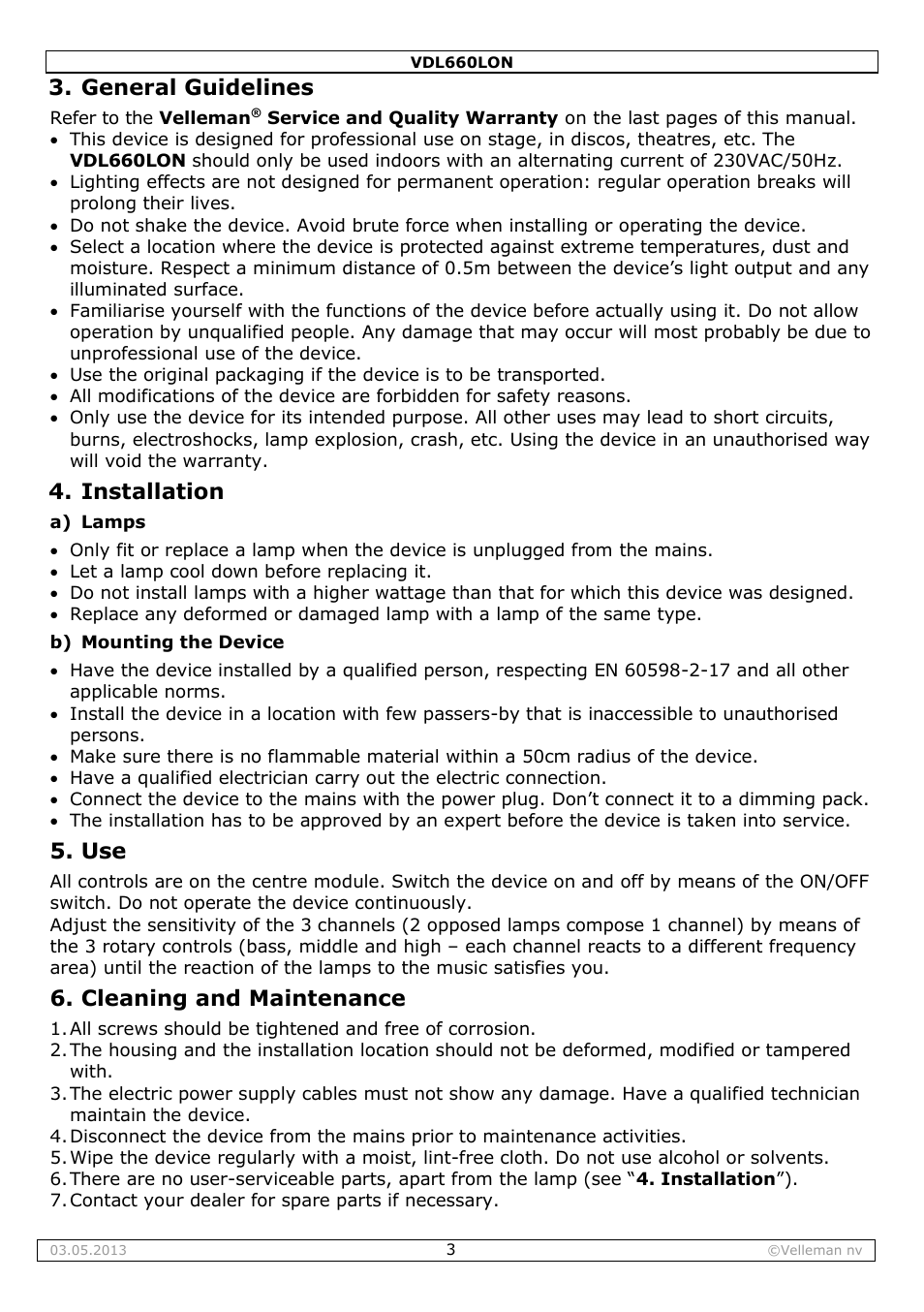 General guidelines, Installation, Cleaning and maintenance | Velleman VDL660LON User Manual | Page 3 / 20