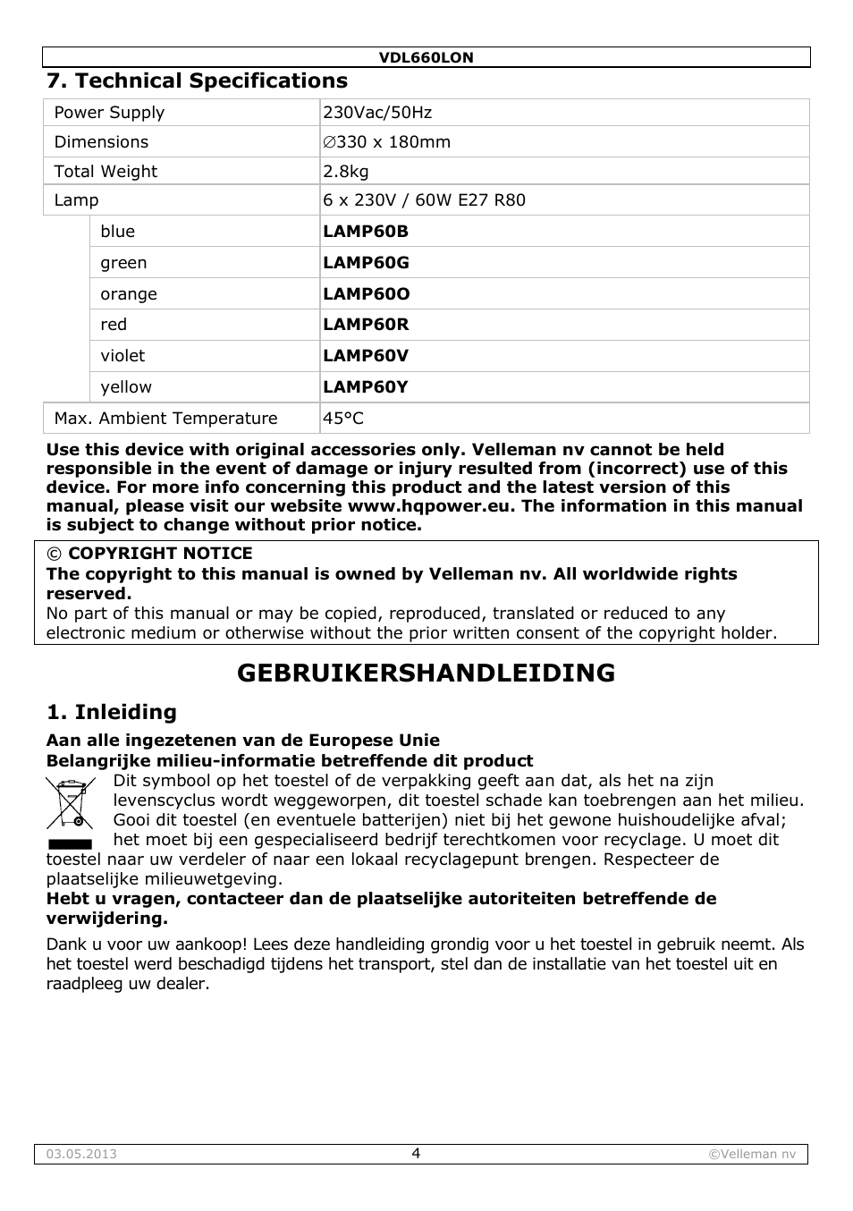 Gebruikershandleiding, Technical specifications, Inleiding | Velleman VDL660LON User Manual | Page 4 / 20