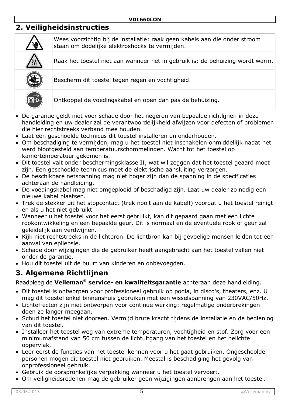 Veiligheidsinstructies, Algemene richtlijnen | Velleman VDL660LON User Manual | Page 5 / 20