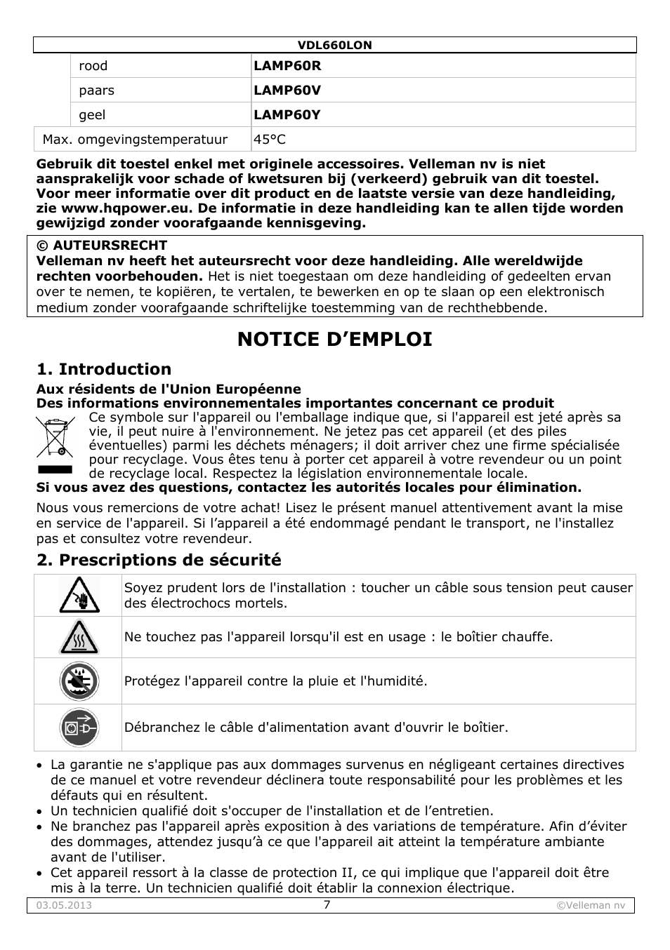Notice d’emploi, Introduction, Prescriptions de sécurité | Velleman VDL660LON User Manual | Page 7 / 20