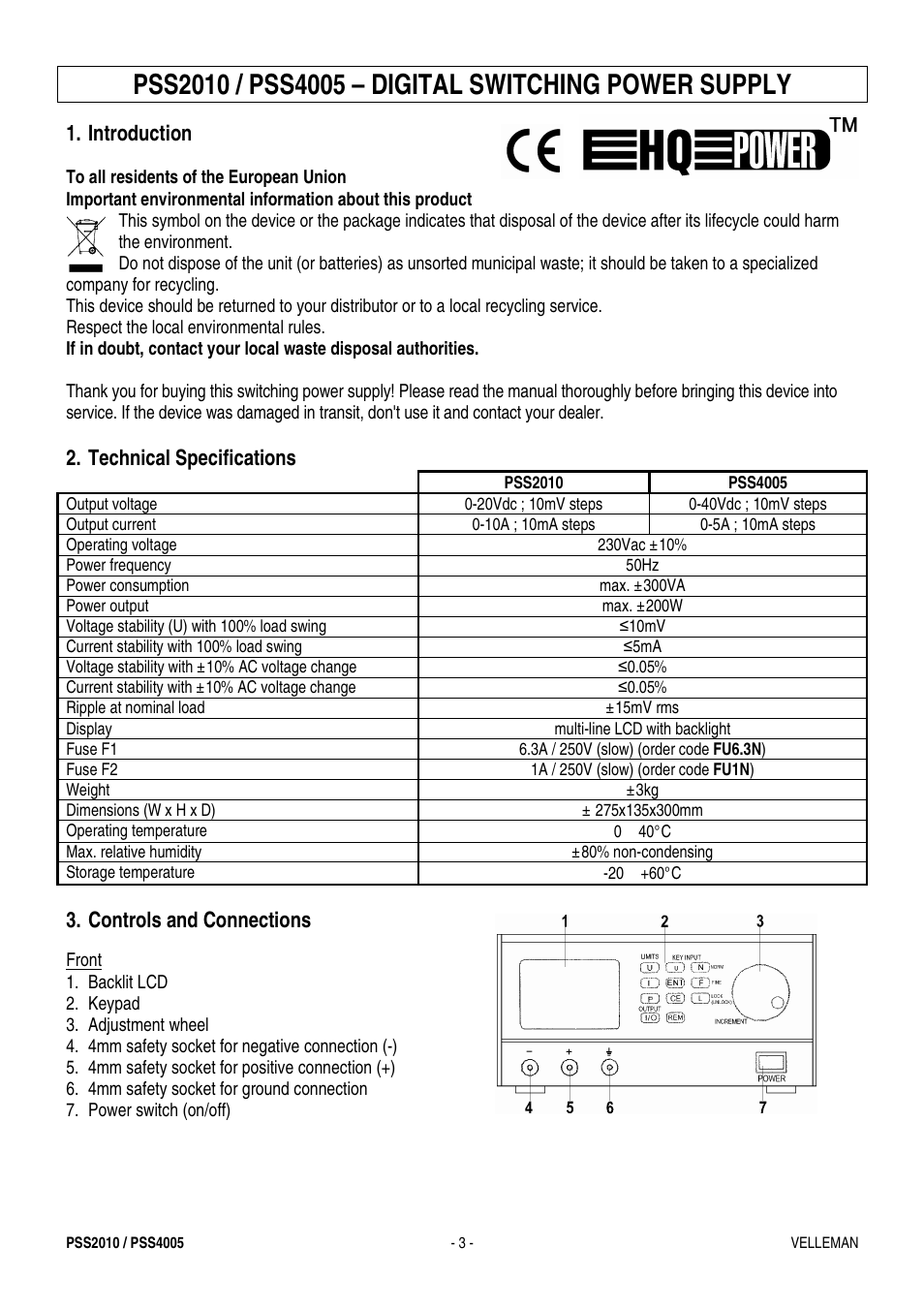 Introduction, Technical specifications, Controls and connections | Velleman PSS4005 User Manual | Page 3 / 23