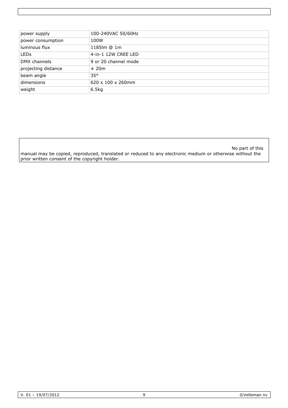 Technical specifications | Velleman VDPL4300SC User Manual | Page 9 / 39