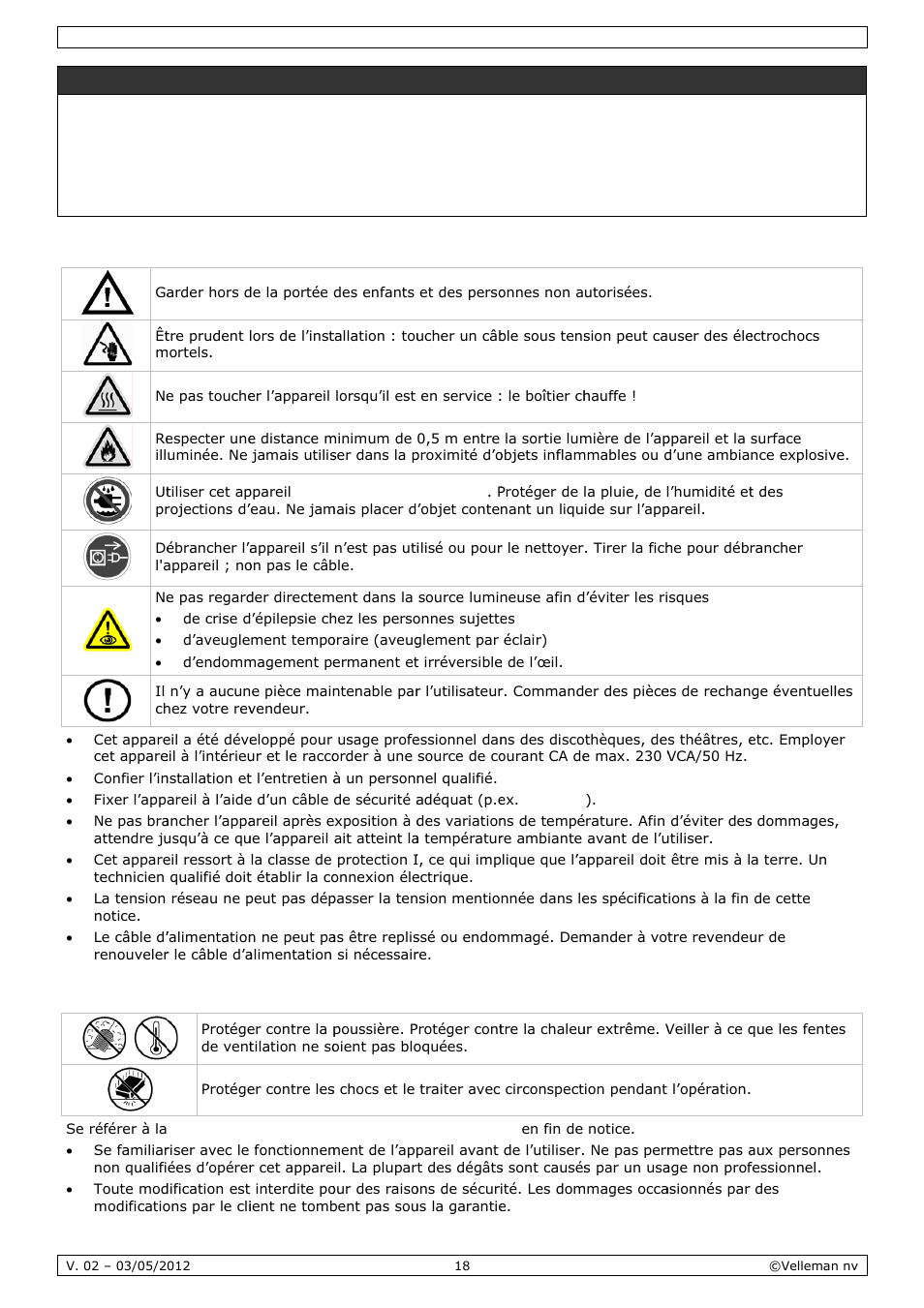 Cons, Direc, Signes de | Ctives gé, E sécurit, Énérales, Vertisse, Ement i, Mporta | Velleman VDPL601MHx14 User Manual | Page 18 / 38