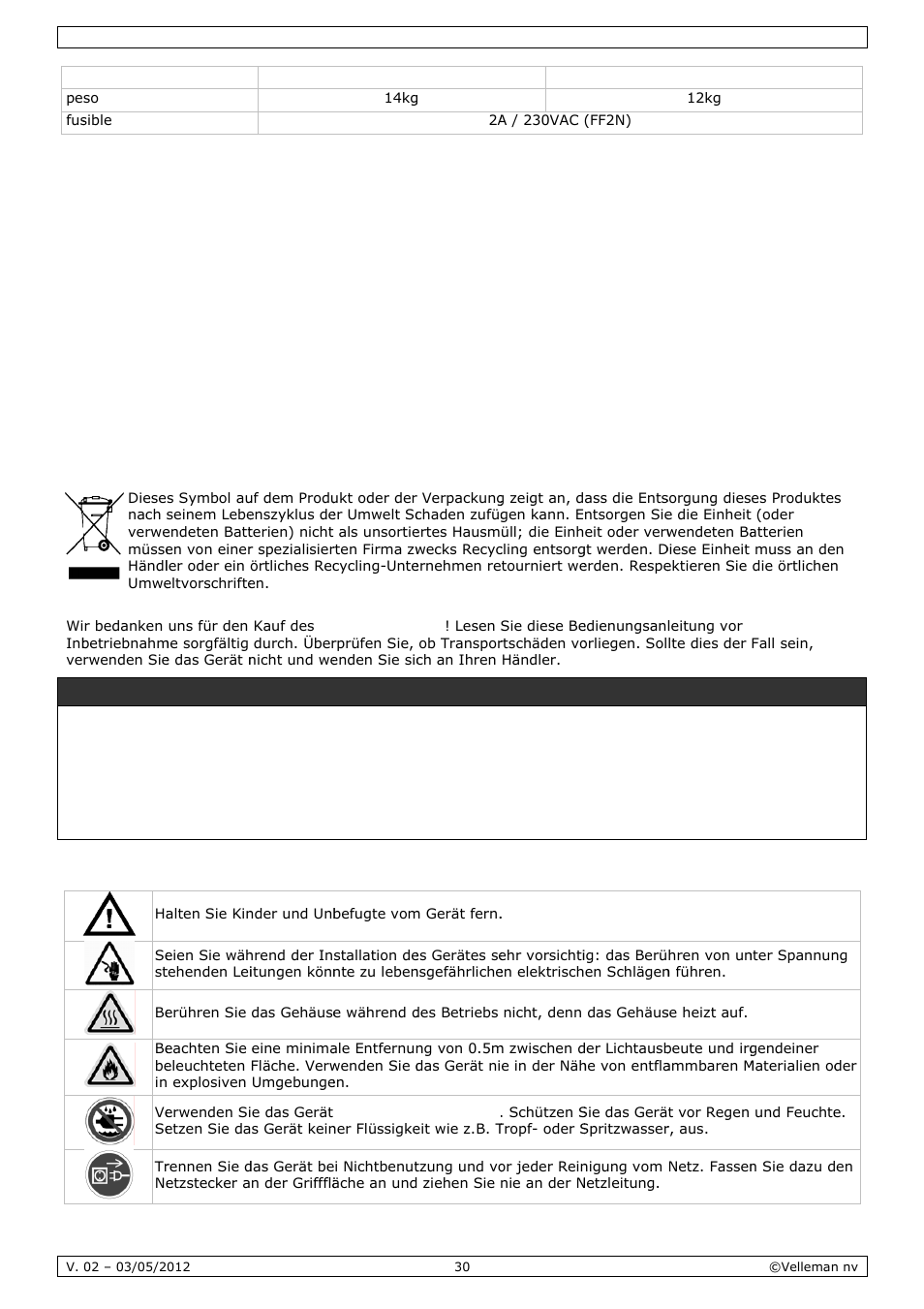 Bedienungsanleitung, Dienun, Ngsan | Nleitu, Einfü, Siche, Ührung, Erheitsh, Inweise, Wicht | Velleman VDPL601MHx14 User Manual | Page 30 / 38