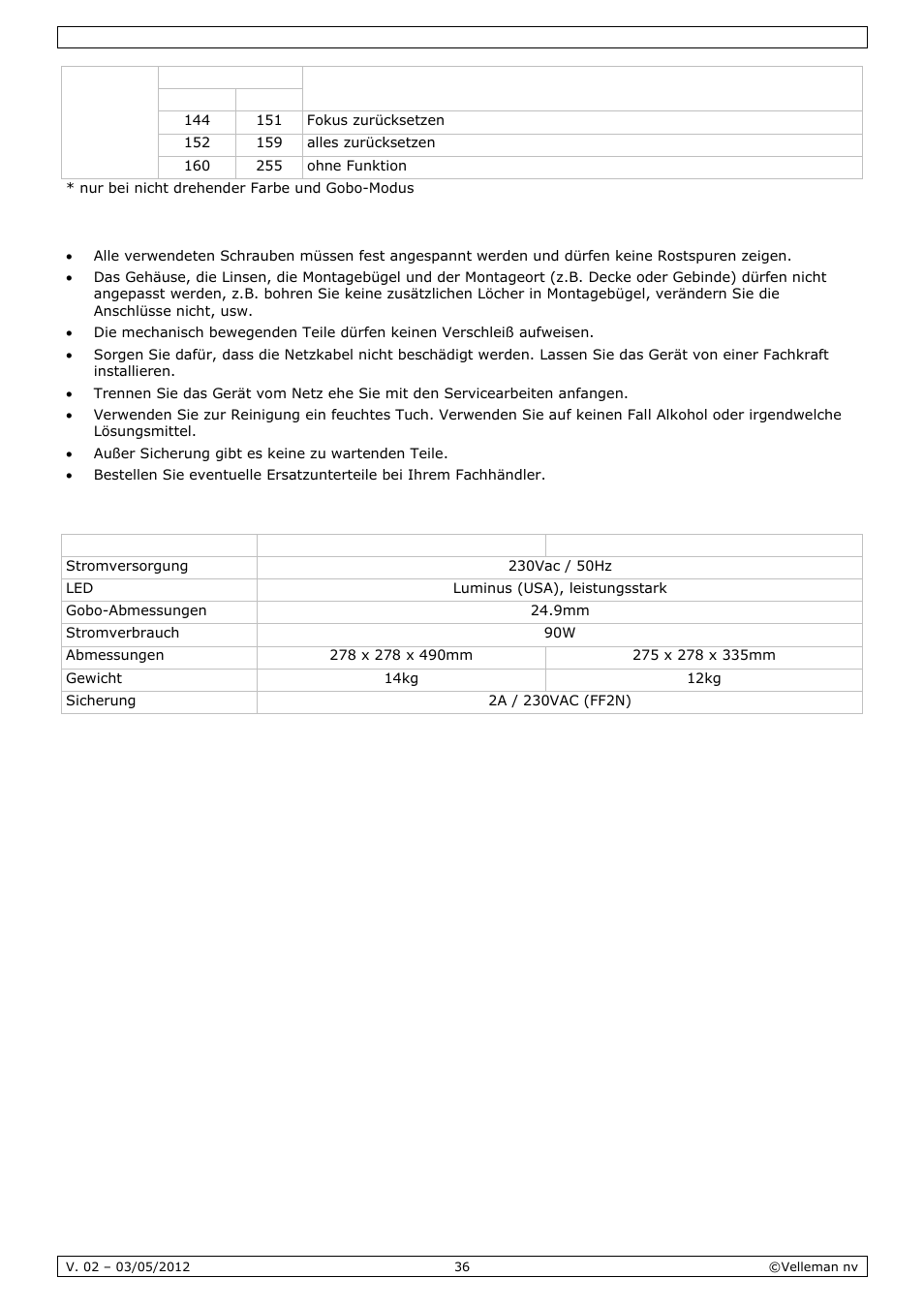 Reinigung und wartung, Technische daten | Velleman VDPL601MHx14 User Manual | Page 36 / 38