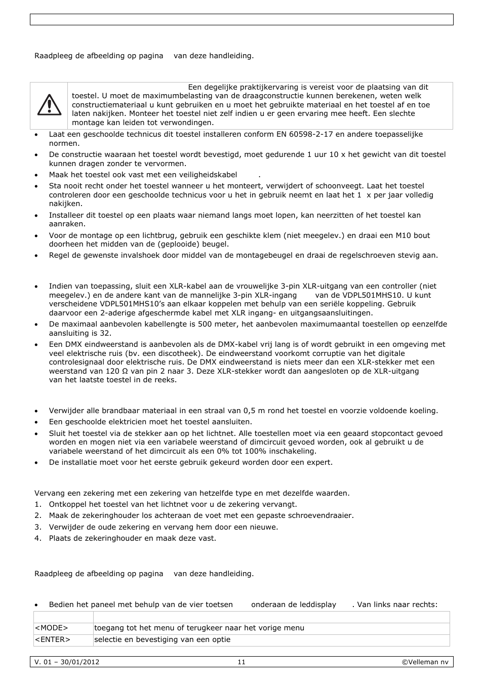 Installatie, Gebruik | Velleman VDPL501MHS10 User Manual | Page 11 / 32