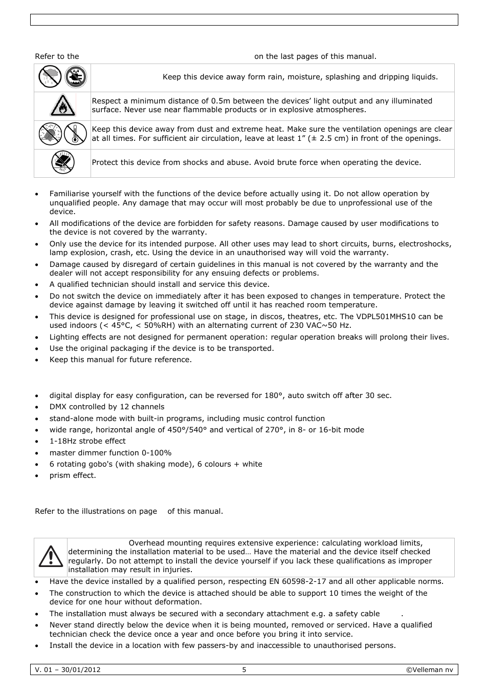 Genera, Feature, Installa | Al guideli, Ation, Ines | Velleman VDPL501MHS10 User Manual | Page 5 / 32