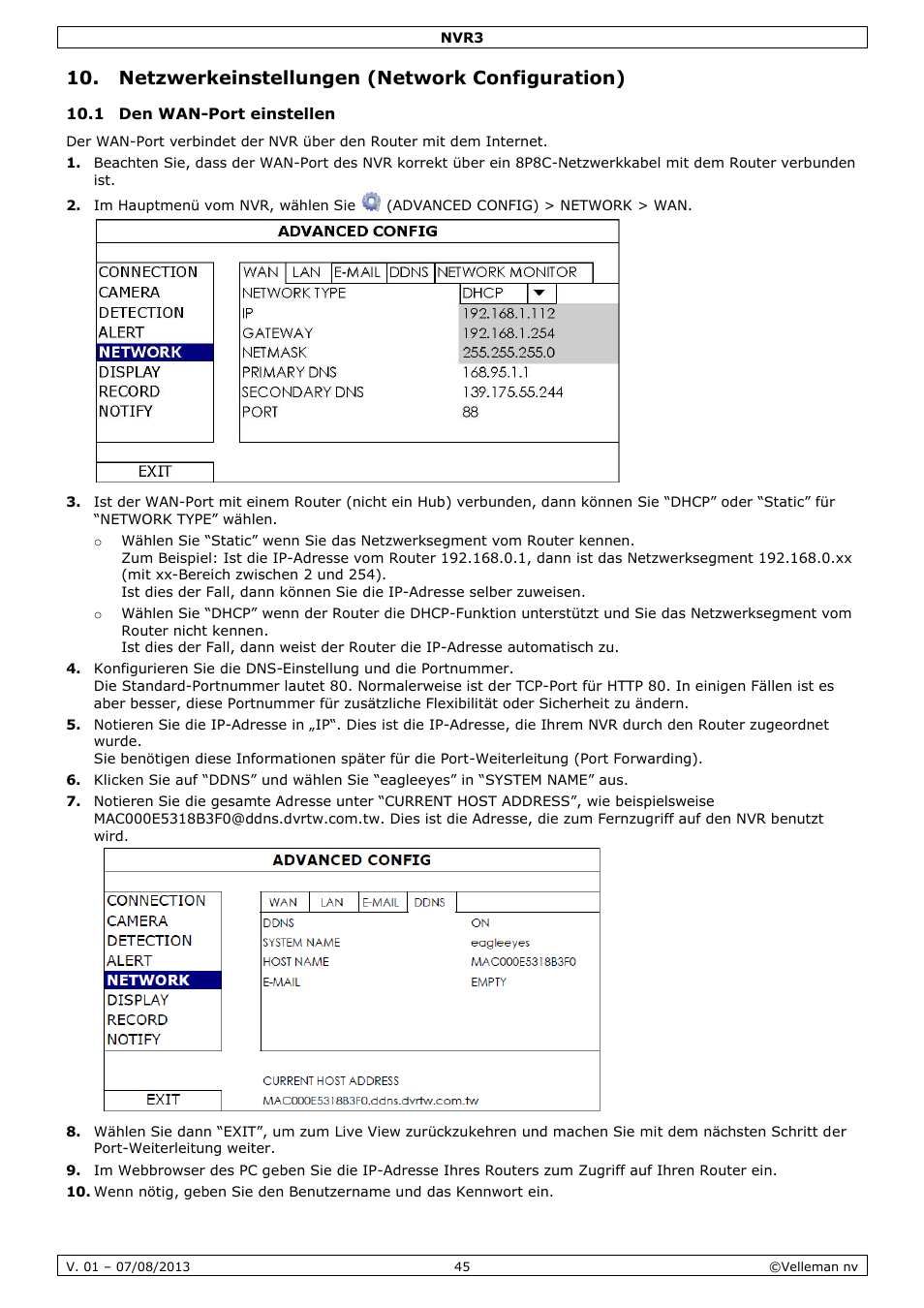 Netzwerkeinstellungen (network configuration), 1 den wan-port einstellen | Velleman NVR3 User Manual | Page 45 / 48
