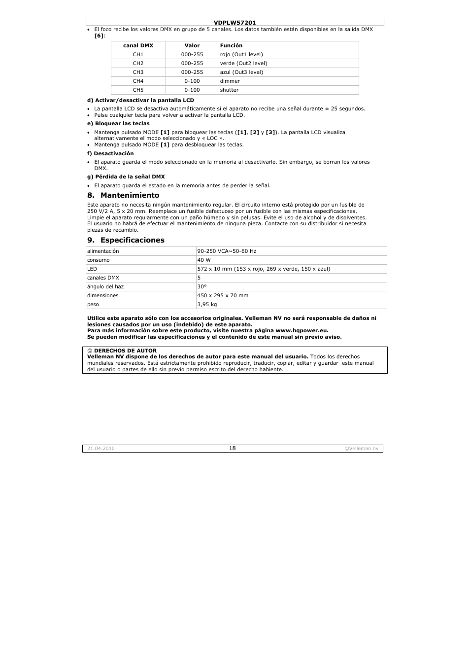 Mantenimiento, Especificaciones | Velleman VDPLW57201 User Manual | Page 18 / 24