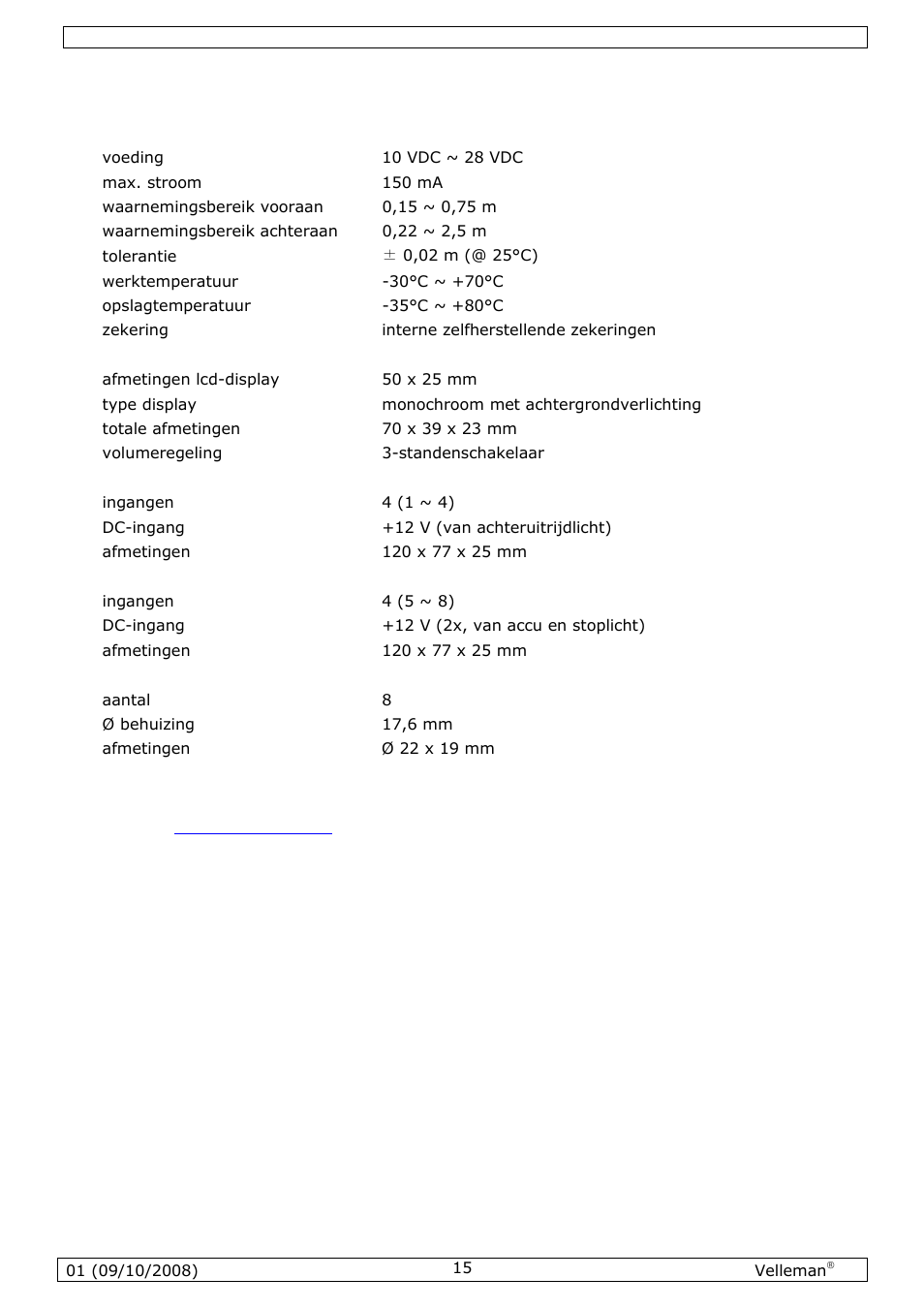 Technische specificaties | Velleman SPBS8 User Manual | Page 15 / 36