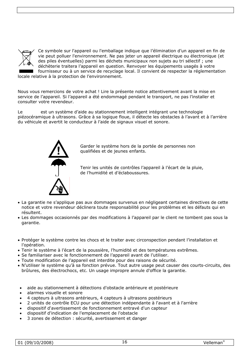 Notice d’emploi, Introduction, Prescriptions de sécurité | Directives générales, Caractéristiques | Velleman SPBS8 User Manual | Page 16 / 36