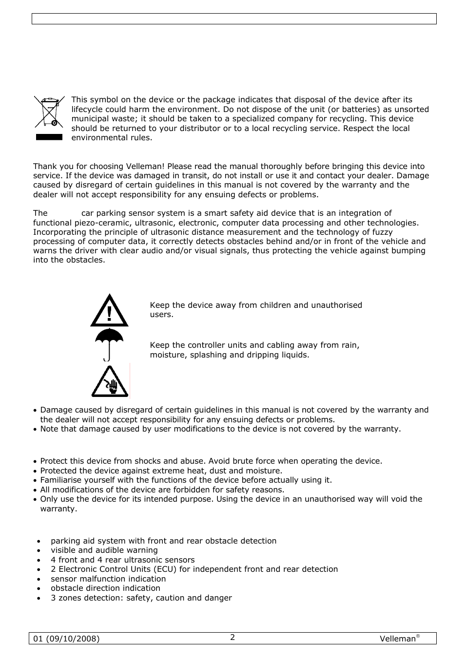 User manual, Introduction, Safety instructions | General guidelines, Features | Velleman SPBS8 User Manual | Page 2 / 36