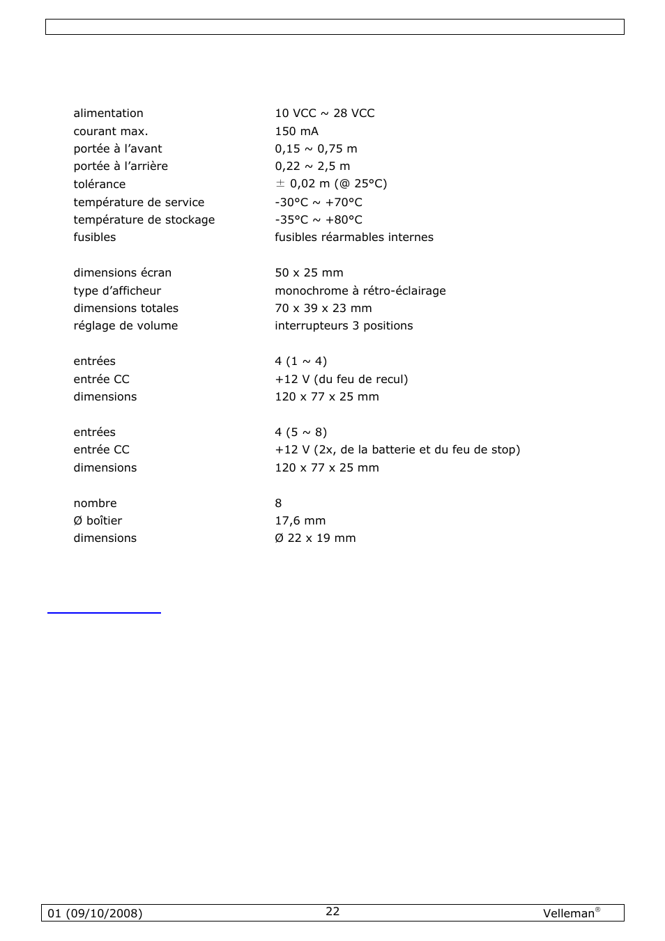 Spécifications techniques | Velleman SPBS8 User Manual | Page 22 / 36