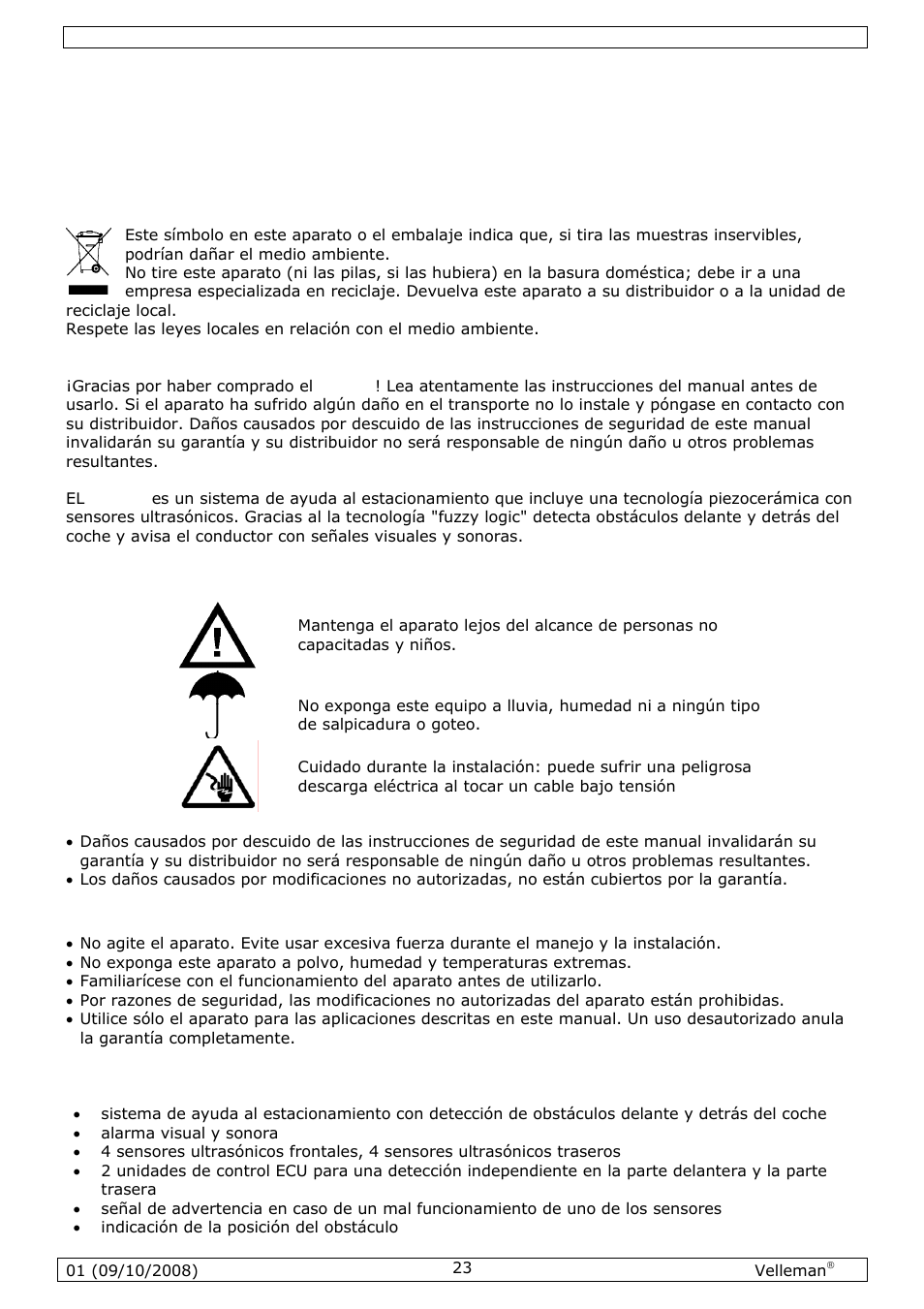 Manual del usuario, Introducción, Instrucciones de seguridad | Normas generales, Características | Velleman SPBS8 User Manual | Page 23 / 36