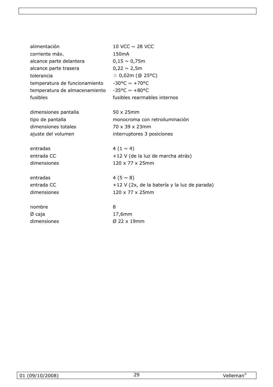 Especificaciones | Velleman SPBS8 User Manual | Page 29 / 36