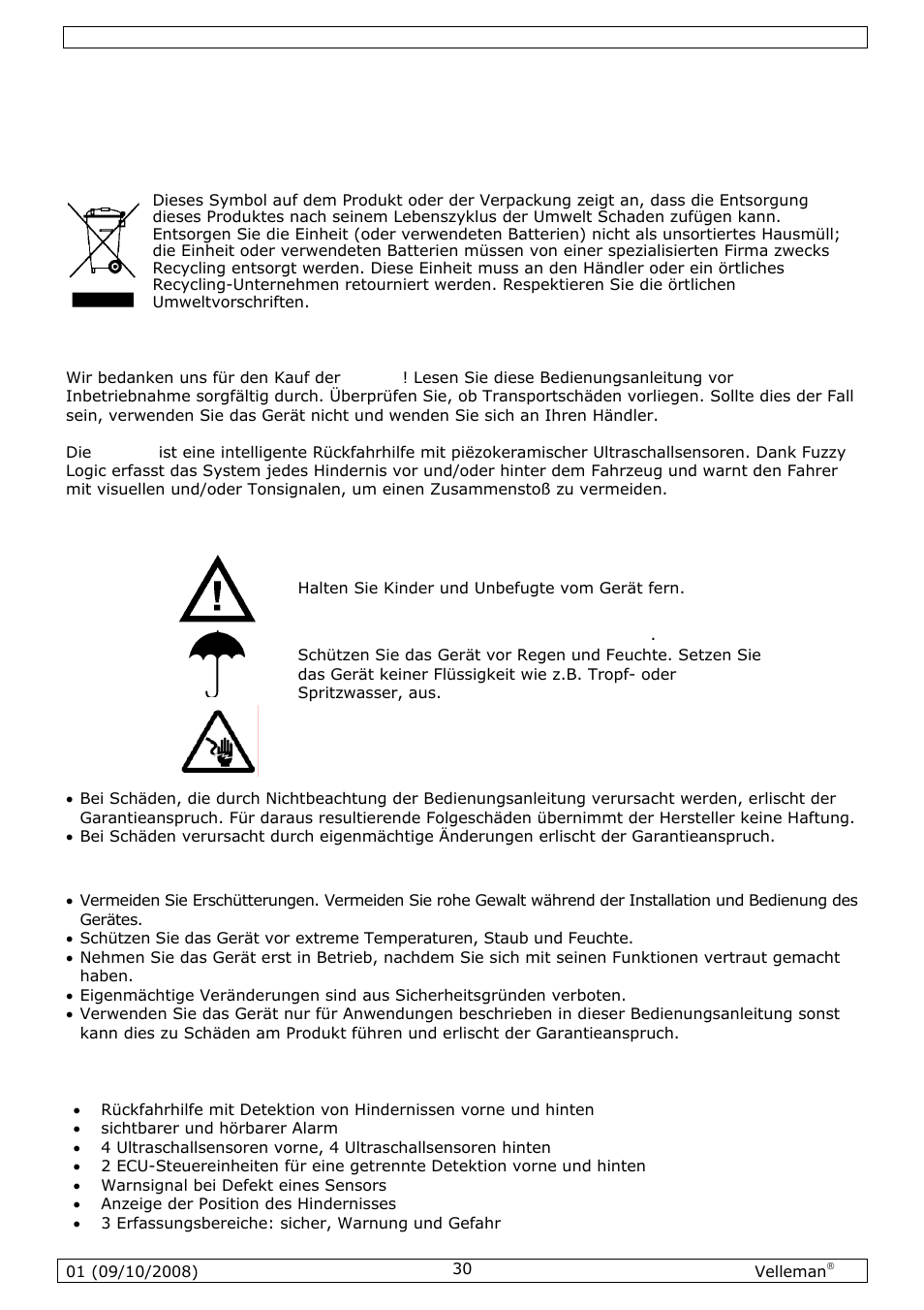 Bedienungsanleitung 1. einführung, Sicherheitshinweise, Allgemeine richtlinien | Eigenschaften | Velleman SPBS8 User Manual | Page 30 / 36