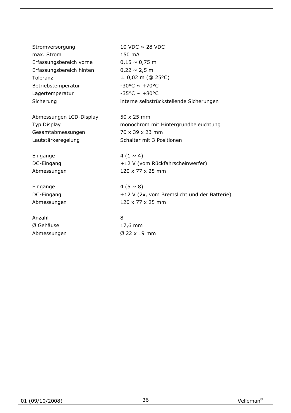 Technische daten | Velleman SPBS8 User Manual | Page 36 / 36