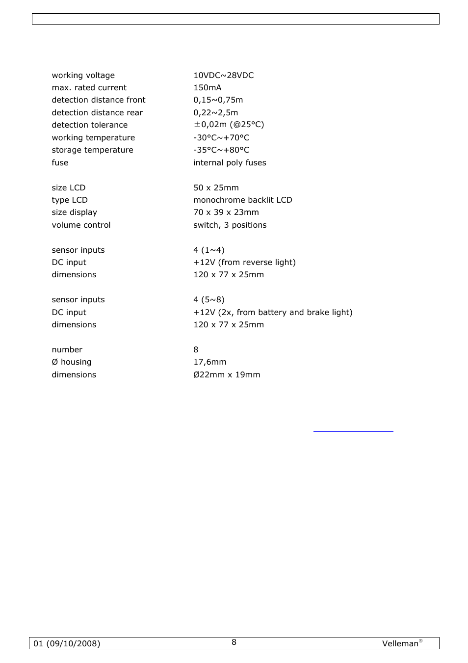 Technical specifications | Velleman SPBS8 User Manual | Page 8 / 36