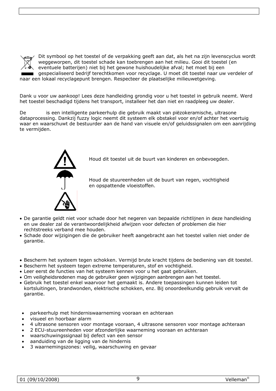 Gebruikershandleiding, Inleiding, Veiligheidsinstructies | Algemene richtlijnen, Eigenschappen | Velleman SPBS8 User Manual | Page 9 / 36