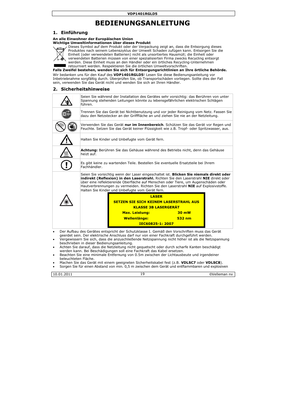 Bedien, Nungs, Sanleit | Tung | Velleman VDP1401RGLD5 User Manual | Page 19 / 24