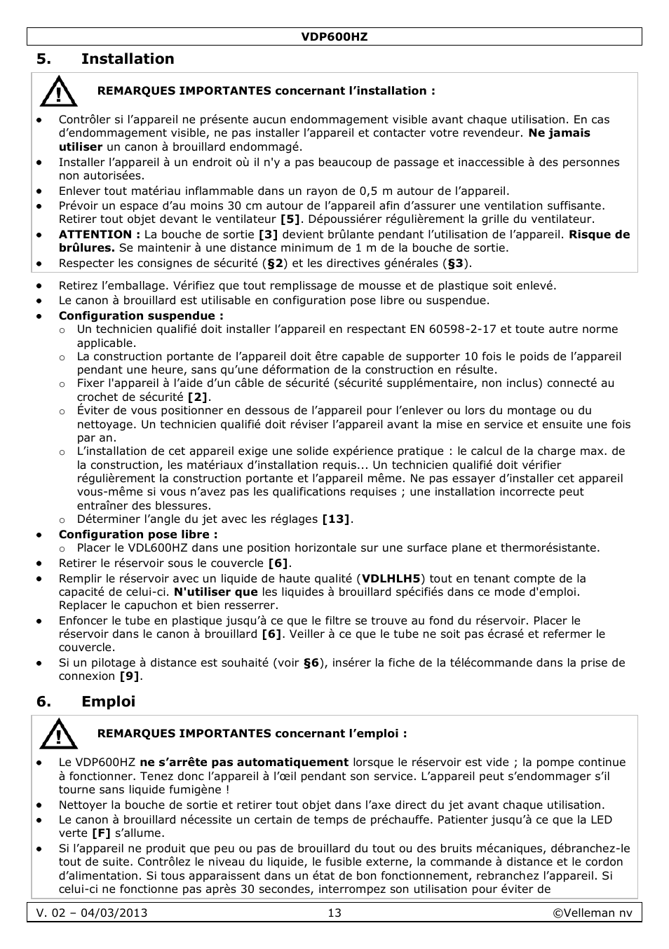 Installation, Emploi | Velleman VDP600HZ User Manual | Page 13 / 26