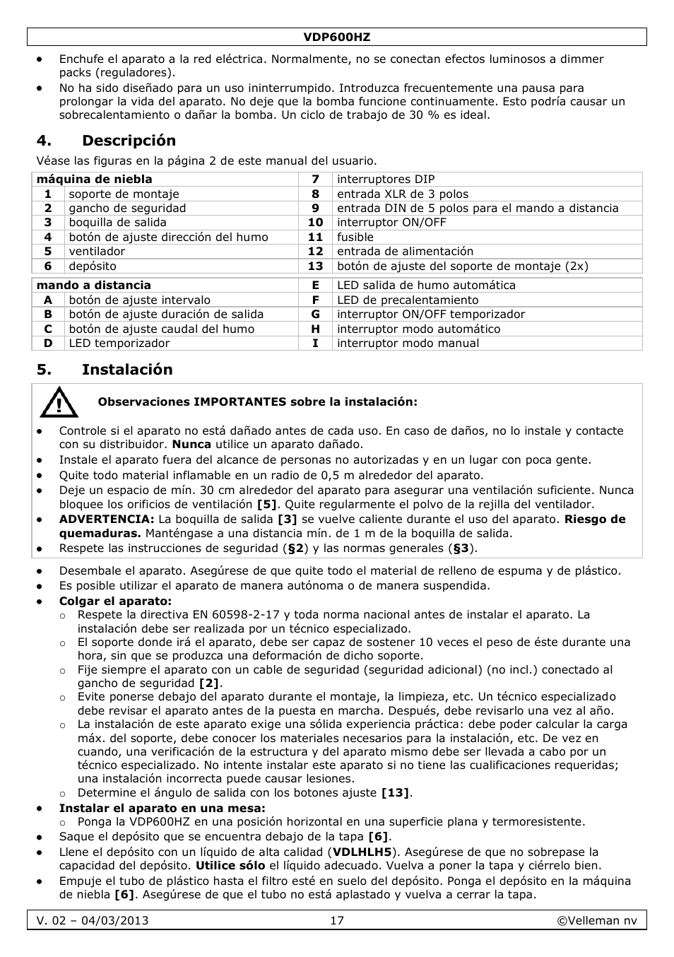 Descripción, Instalación | Velleman VDP600HZ User Manual | Page 17 / 26