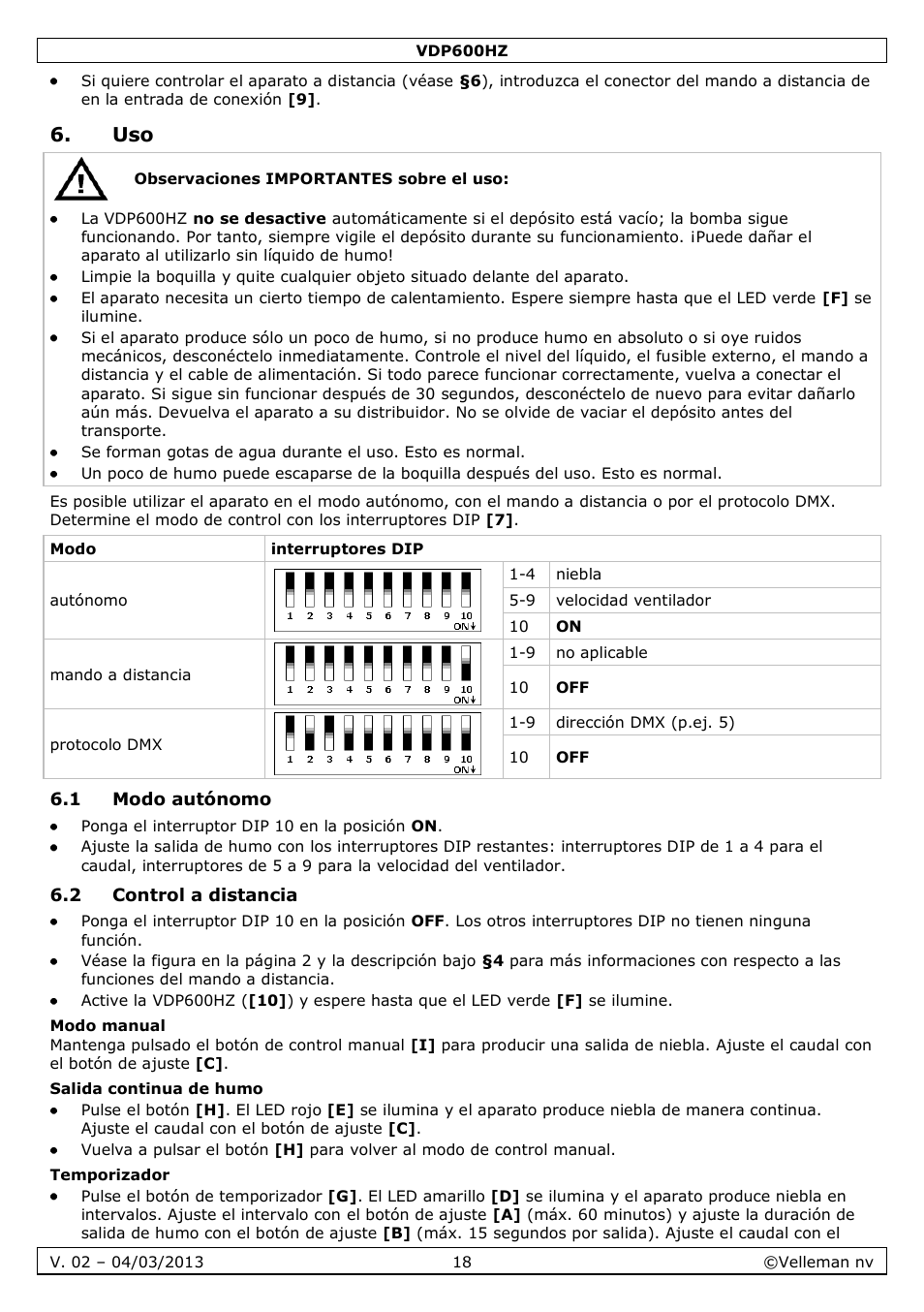 1 modo autónomo, 2 control a distancia, Modo manual | Salida continua de humo, Temporizador | Velleman VDP600HZ User Manual | Page 18 / 26