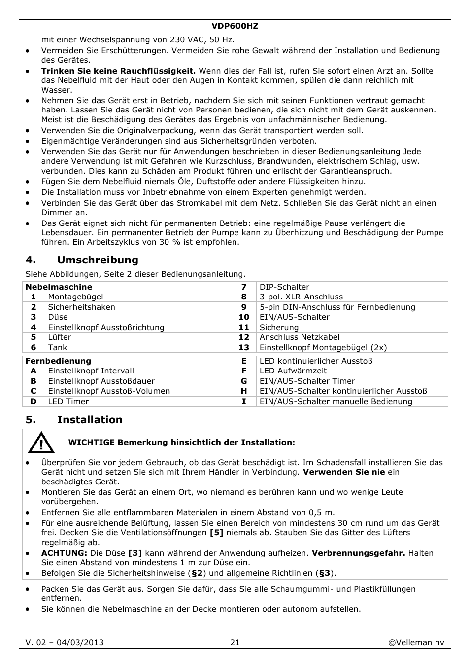 Umschreibung, Installation | Velleman VDP600HZ User Manual | Page 21 / 26