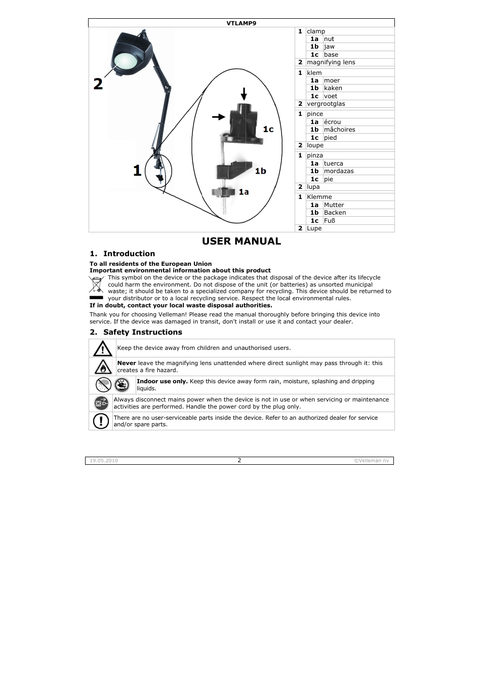 User ma, Anual | Velleman VTLAMP9 User Manual | Page 2 / 12